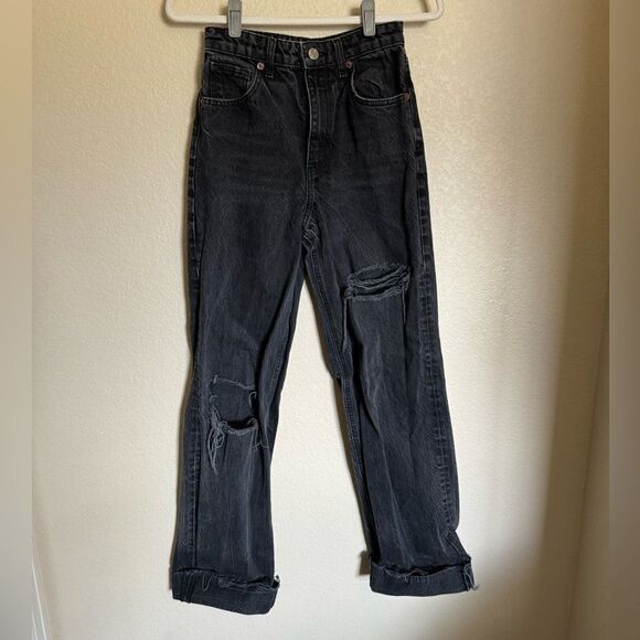 ZARA Cuffed Hem Folded Over High Rise Wide Leg Jeans Sz 4 Black Distressed - Picture 7 of 8